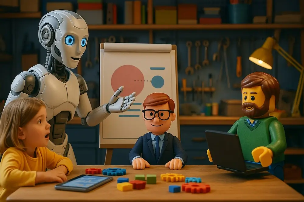 Un robot, una niña y dos adultos de juguete conversan alrededor de una mesa frente a un rotafolio