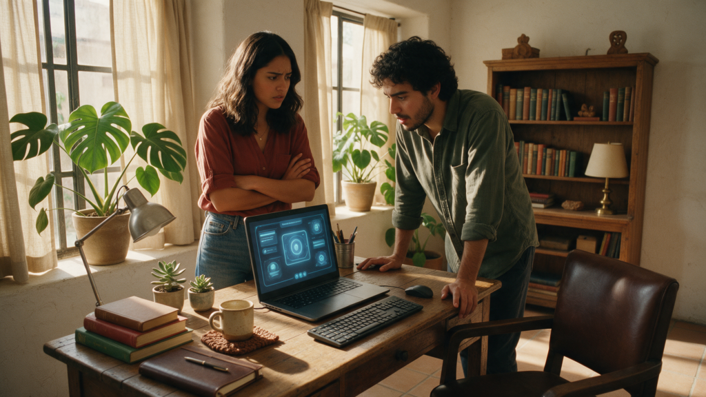 Dos jóvenes emprendedores miran en una laptop a un agente de IA resolver la solicitud de acceso de un cliente