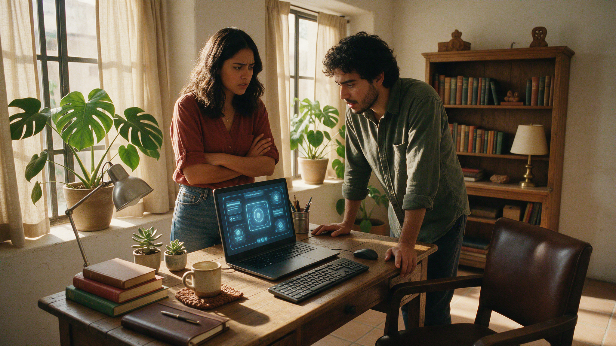 Dos jóvenes emprendedores miran en una laptop a un agente de IA resolver la solicitud de acceso de un cliente