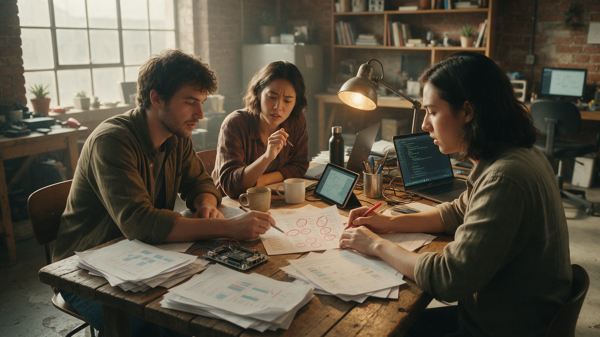 Tres emprendedores revisan los resultados impresos del piloto de un agente de IA