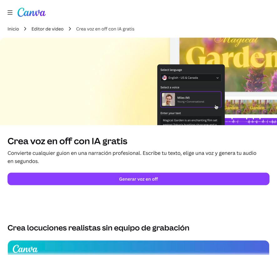 Página de voz en off con IA gratis de Canva