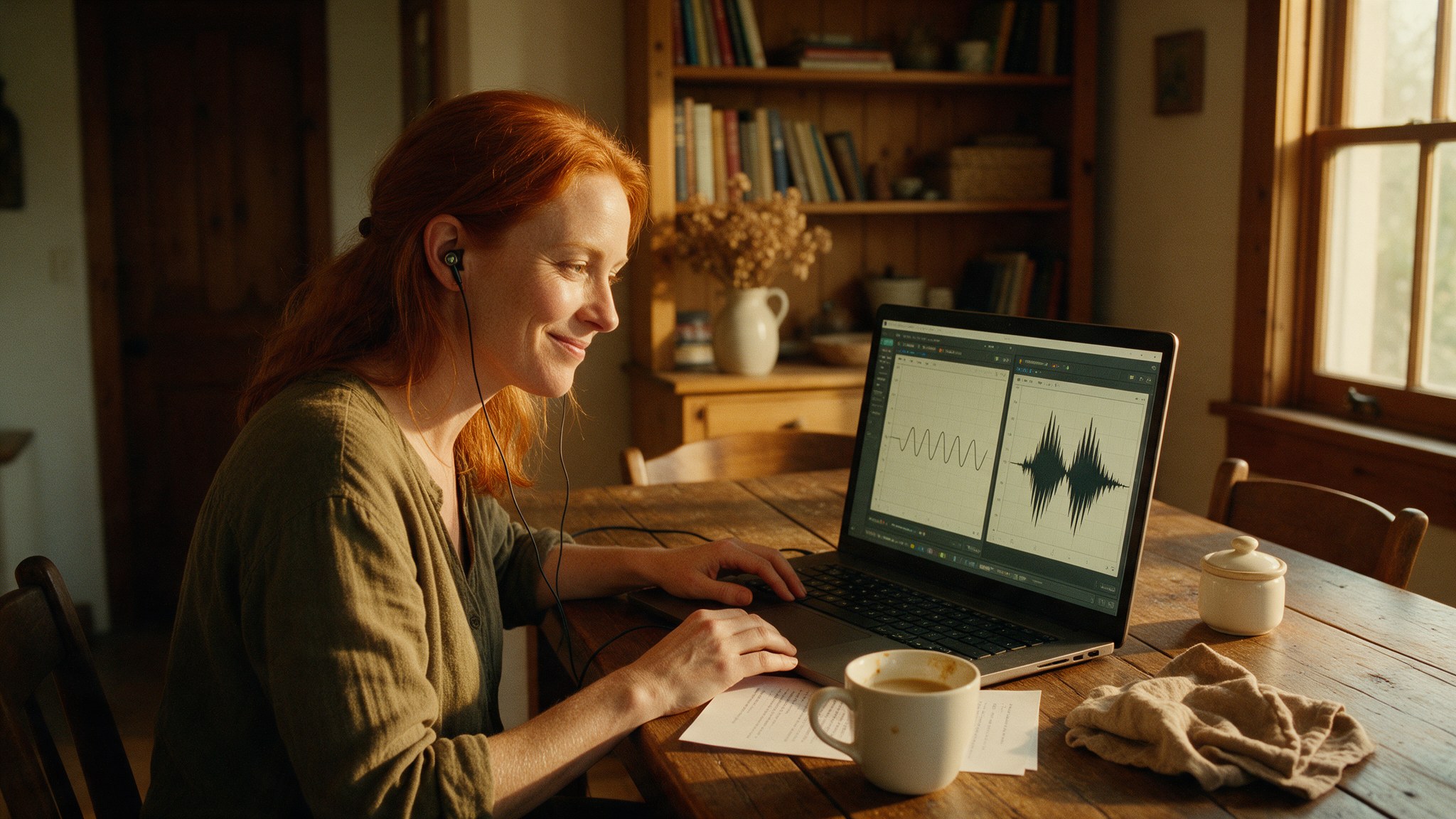 Mujer compara dos audios generados con IA en dos ventanas de una laptop