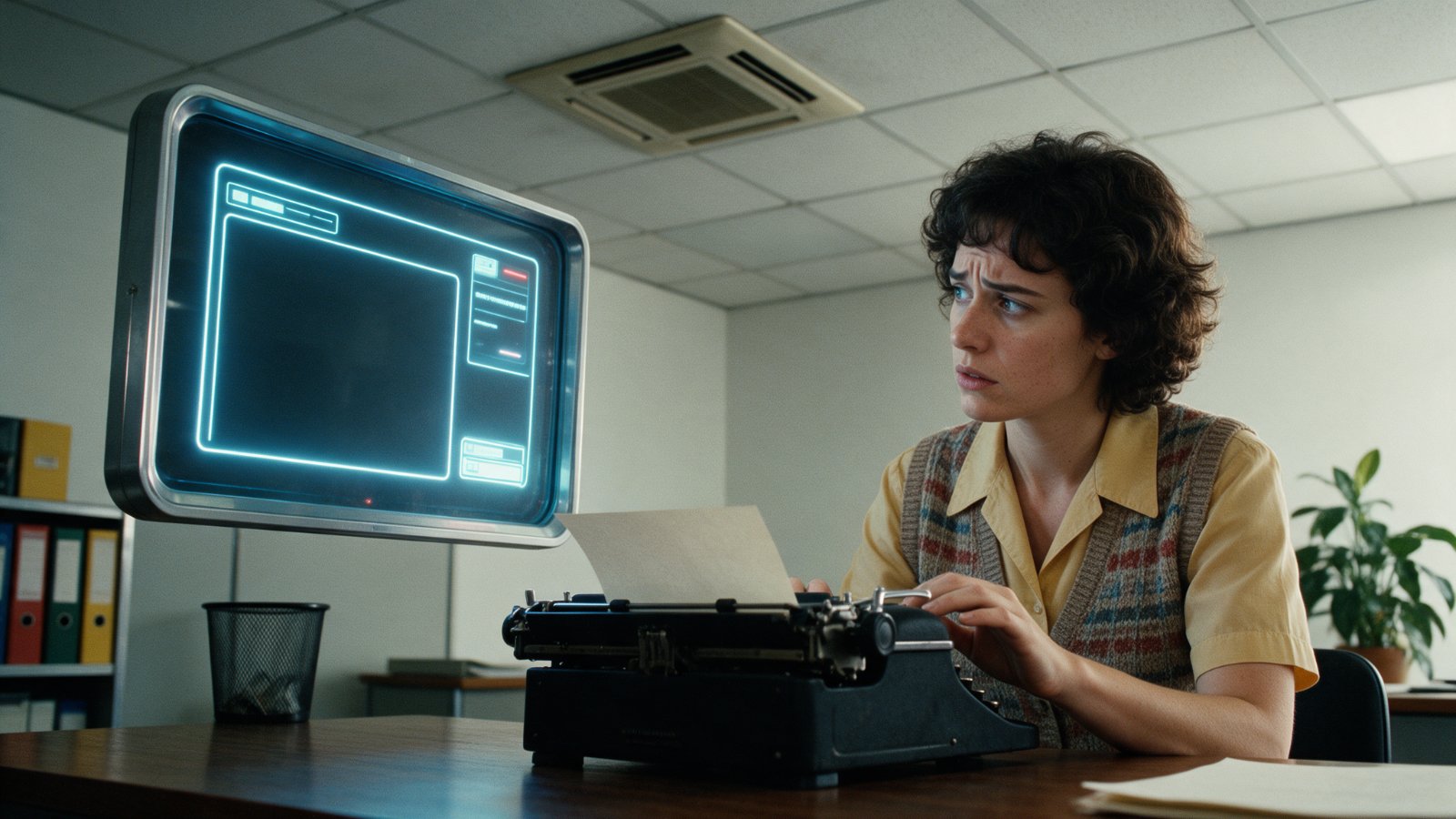 Persona frente a una máquina de escribir y una pantalla retrofuturista, sin contexto para trabajar