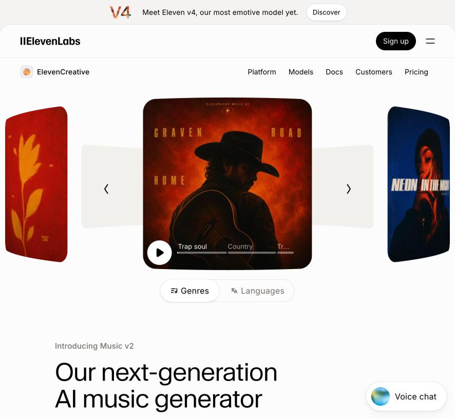 Página de Eleven Music, el generador de música con IA de ElevenLabs