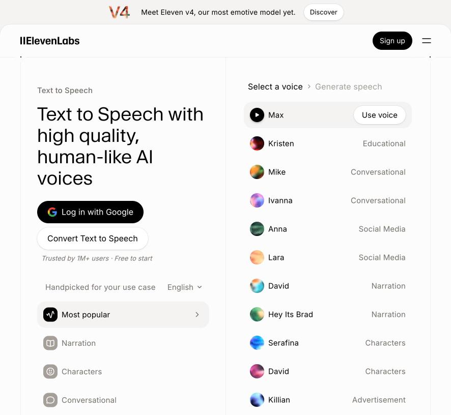 Página de texto a voz de ElevenLabs con voces de IA