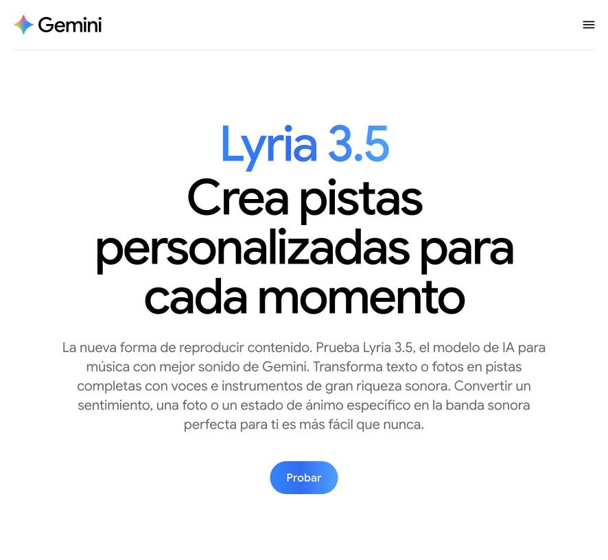 Página de Lyria 3.5 en Gemini, el modelo de música de Google