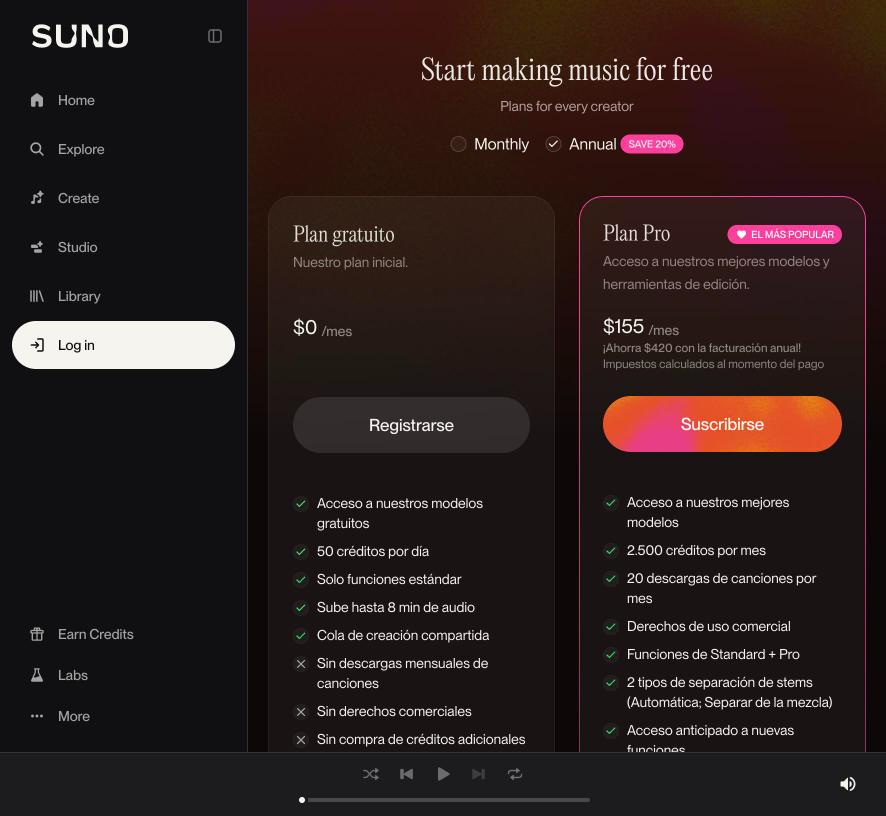 Página de planes de Suno con el plan gratuito de 50 créditos por día
