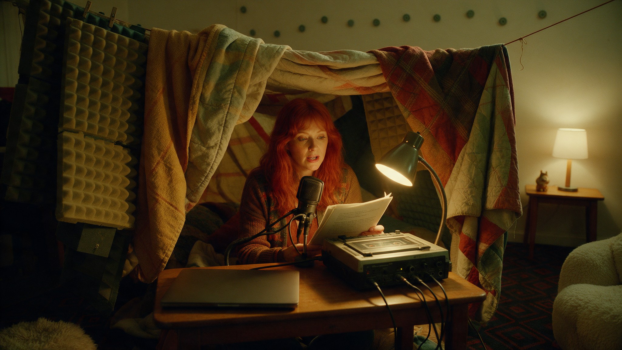 Mujer grabando una voz en off con una grabadora de casete en un cuarto improvisado con cobijas y paneles de espuma